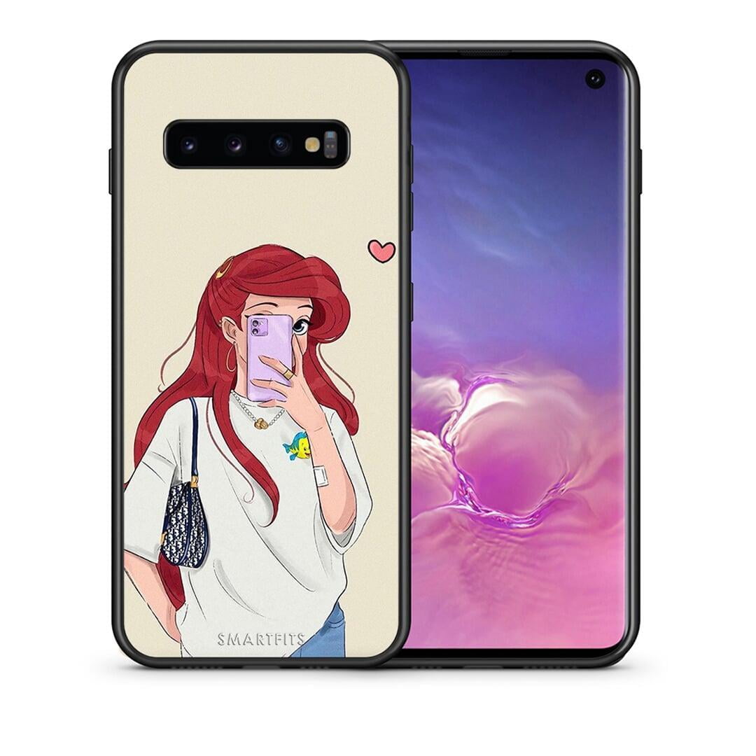 Θήκη Samsung S10 Walking Mermaid από τη Smartfits με σχέδιο στο πίσω μέρος και μαύρο περίβλημα | Samsung S10 Walking Mermaid case with colorful back and black bezels