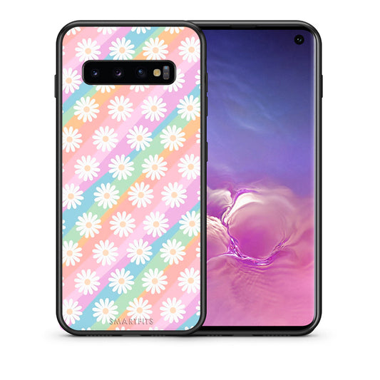 Θήκη Samsung S10 White Daisies από τη Smartfits με σχέδιο στο πίσω μέρος και μαύρο περίβλημα | Samsung S10 White Daisies case with colorful back and black bezels