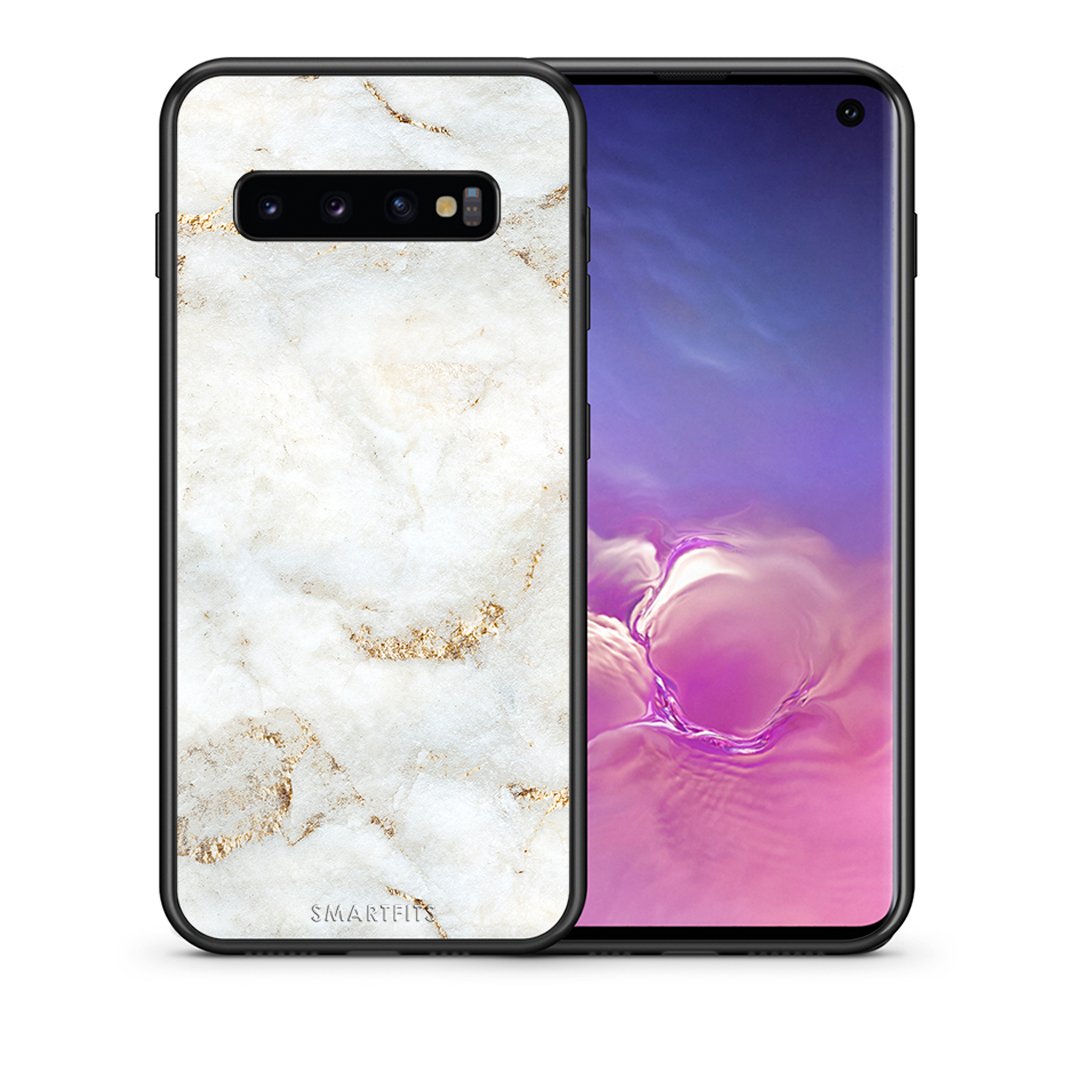 Θήκη Samsung S10 White Gold Marble από τη Smartfits με σχέδιο στο πίσω μέρος και μαύρο περίβλημα | Samsung S10 White Gold Marble case with colorful back and black bezels