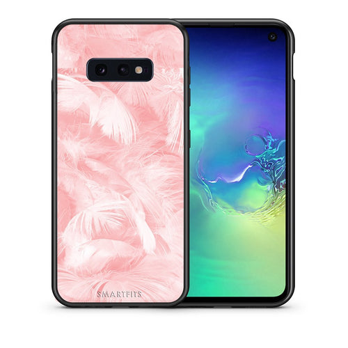 Θήκη Samsung S10e Pink Feather Boho από τη Smartfits με σχέδιο στο πίσω μέρος και μαύρο περίβλημα | Samsung S10e Pink Feather Boho case with colorful back and black bezels