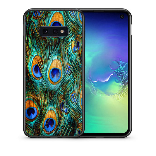Θήκη Samsung S10e Real Peacock Feathers από τη Smartfits με σχέδιο στο πίσω μέρος και μαύρο περίβλημα | Samsung S10e Real Peacock Feathers case with colorful back and black bezels