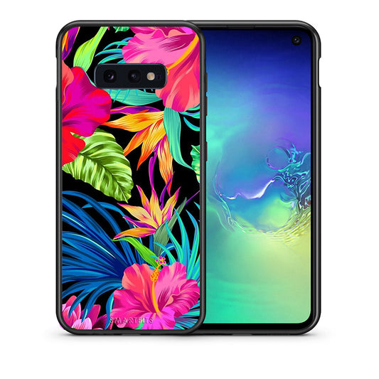 Θήκη Samsung S10e Tropical Flowers από τη Smartfits με σχέδιο στο πίσω μέρος και μαύρο περίβλημα | Samsung S10e Tropical Flowers case with colorful back and black bezels