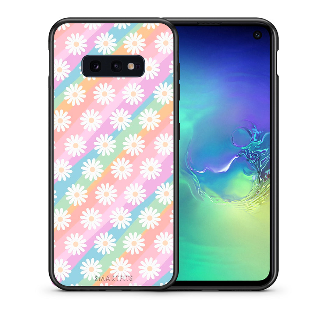 Θήκη Samsung S10e White Daisies από τη Smartfits με σχέδιο στο πίσω μέρος και μαύρο περίβλημα | Samsung S10e White Daisies case with colorful back and black bezels