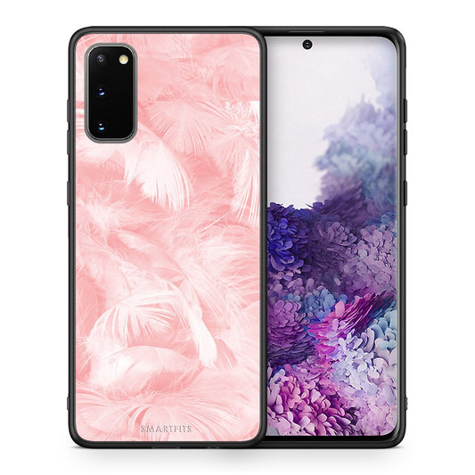 Θήκη Samsung S20 Pink Feather Boho από τη Smartfits με σχέδιο στο πίσω μέρος και μαύρο περίβλημα | Samsung S20 Pink Feather Boho case with colorful back and black bezels