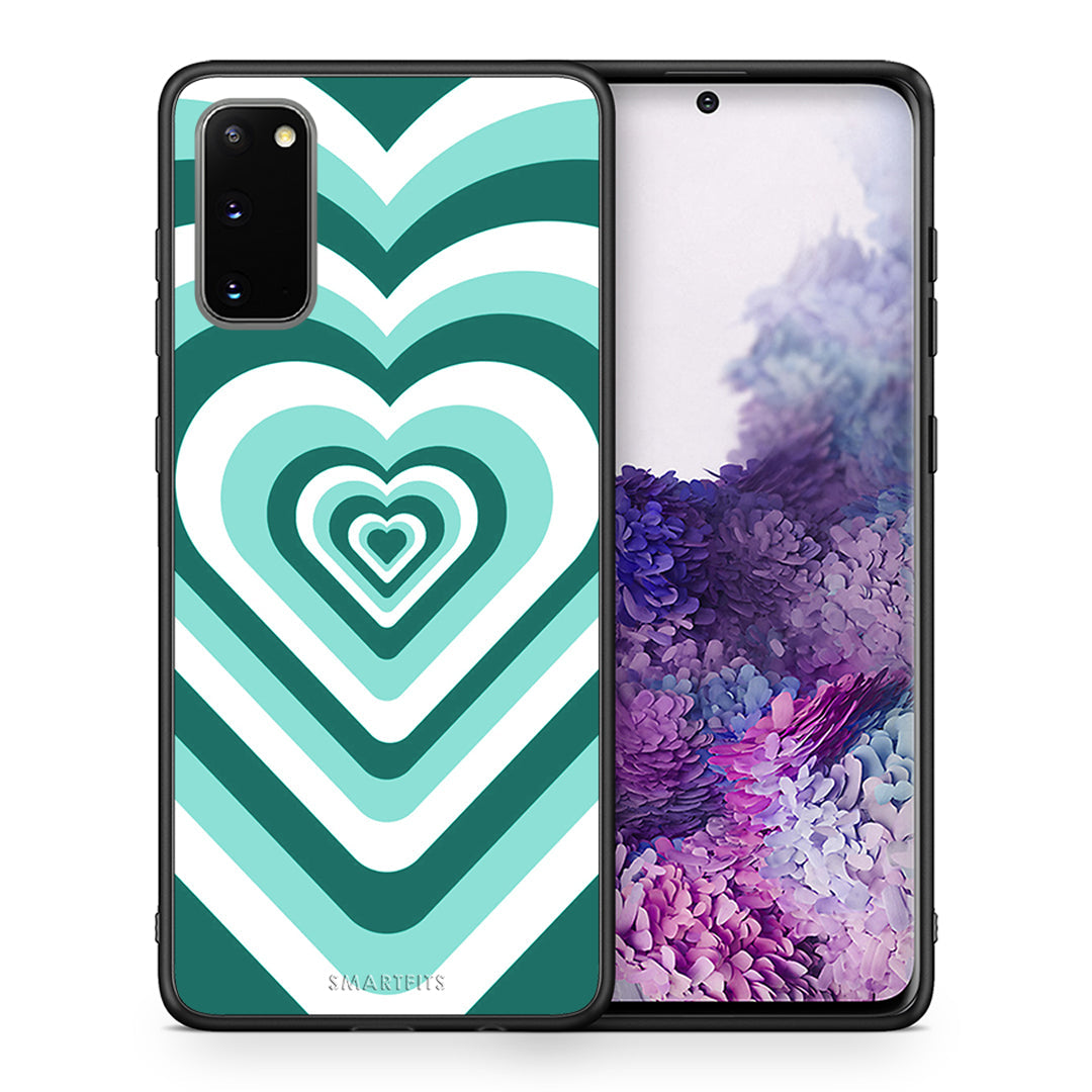 Θήκη Samsung S20 Green Hearts από τη Smartfits με σχέδιο στο πίσω μέρος και μαύρο περίβλημα | Samsung S20 Green Hearts case with colorful back and black bezels