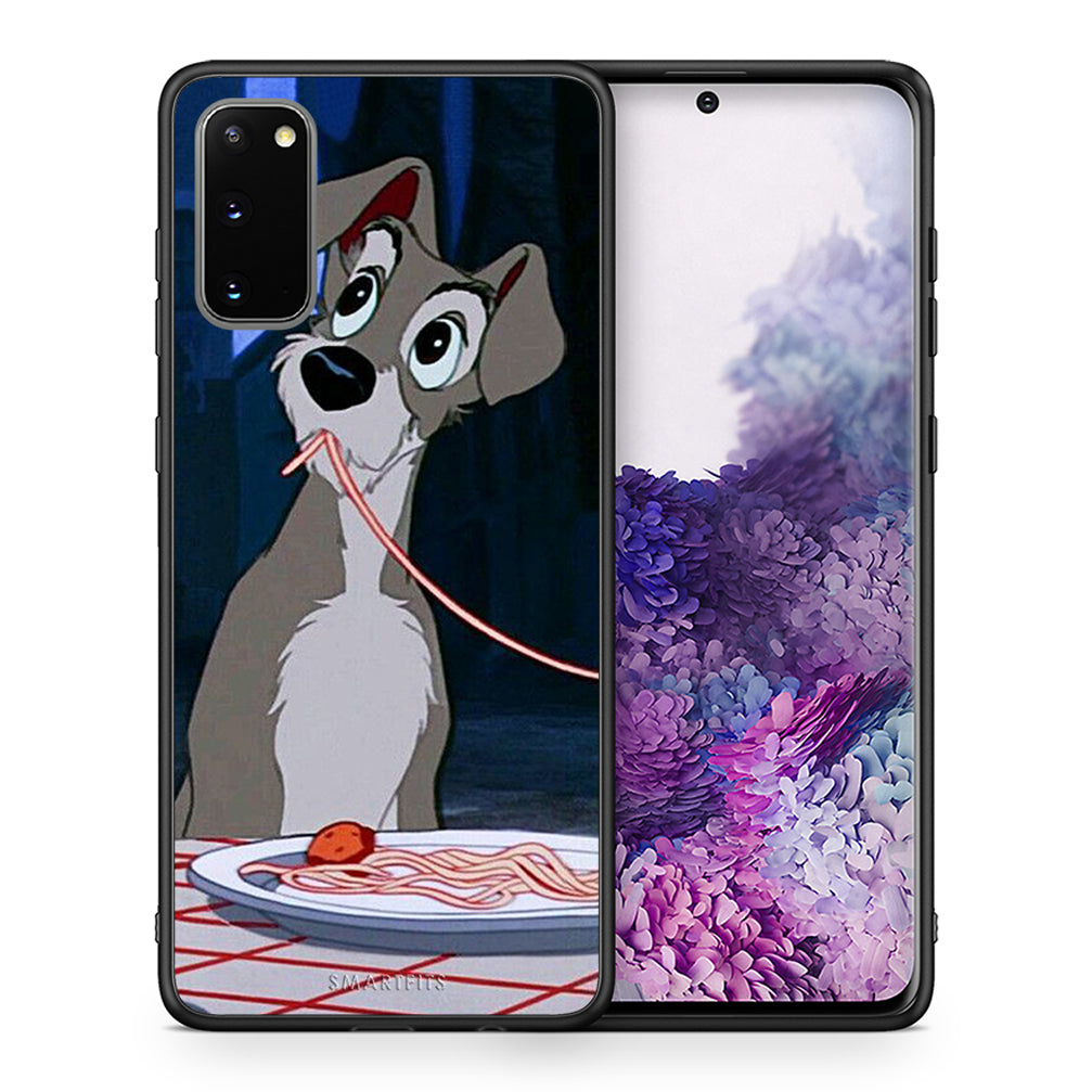 Θήκη Αγίου Βαλεντίνου Samsung S20 Lady And Tramp 1 από τη Smartfits με σχέδιο στο πίσω μέρος και μαύρο περίβλημα | Samsung S20 Lady And Tramp 1 case with colorful back and black bezels