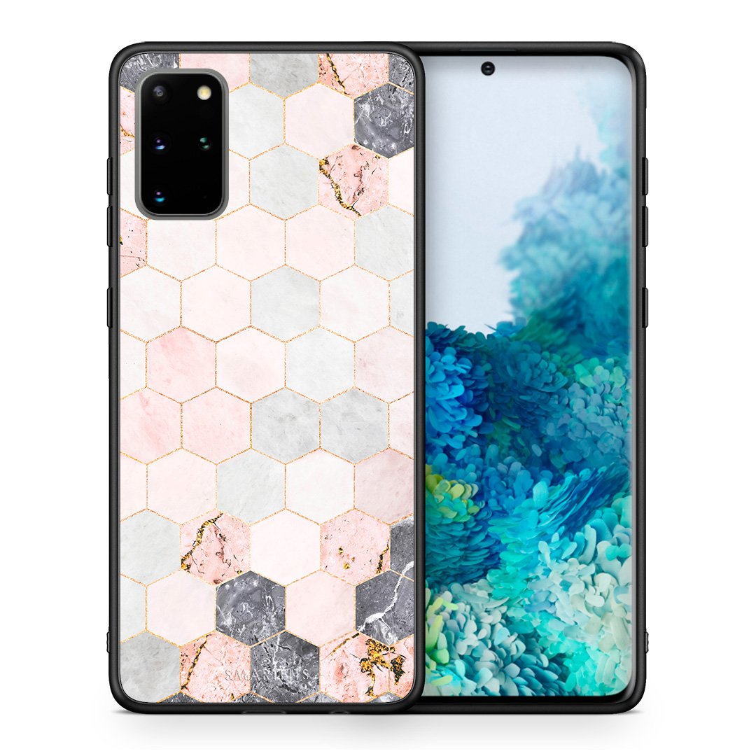 Θήκη Samsung S20 Plus Hexagon Pink Marble από τη Smartfits με σχέδιο στο πίσω μέρος και μαύρο περίβλημα | Samsung S20 Plus Hexagon Pink Marble case with colorful back and black bezels