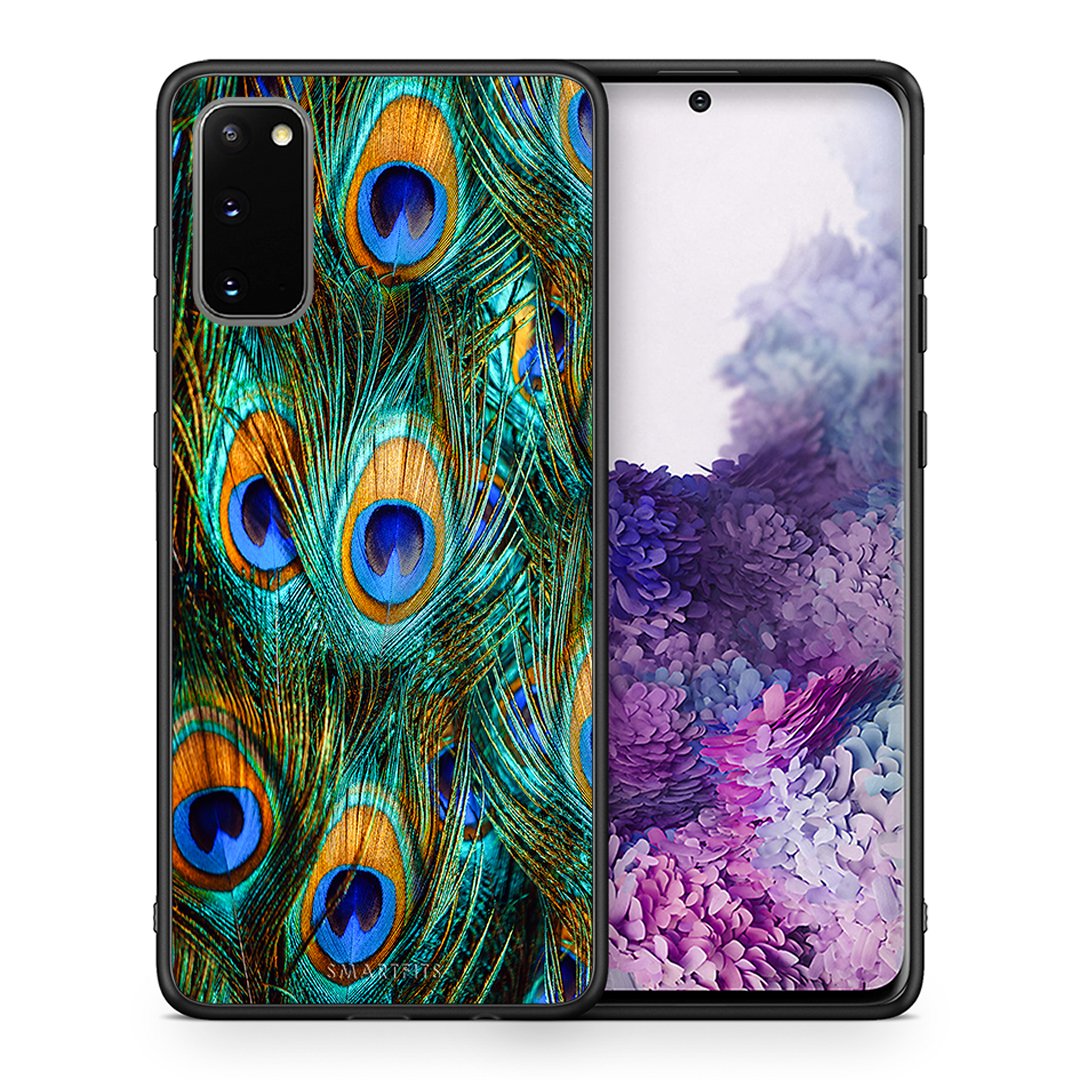Θήκη Samsung S20 Real Peacock Feathers από τη Smartfits με σχέδιο στο πίσω μέρος και μαύρο περίβλημα | Samsung S20 Real Peacock Feathers case with colorful back and black bezels