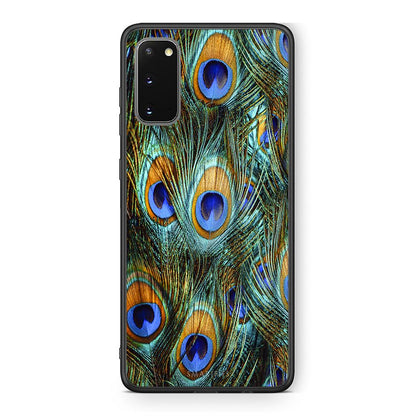 Samsung S20 Real Peacock Feathers θήκη από τη Smartfits με σχέδιο στο πίσω μέρος και μαύρο περίβλημα | Smartphone case with colorful back and black bezels by Smartfits