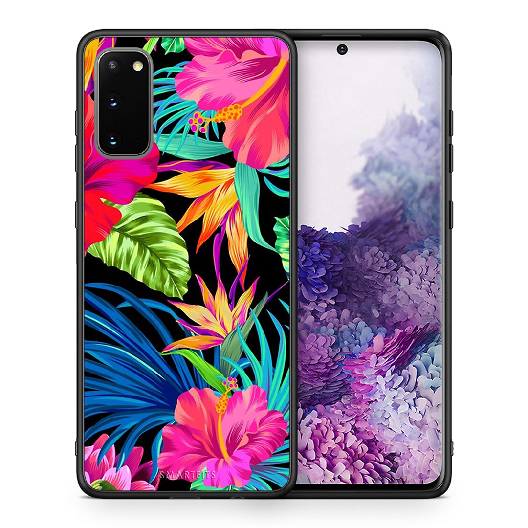 Θήκη Samsung S20 Tropical Flowers από τη Smartfits με σχέδιο στο πίσω μέρος και μαύρο περίβλημα | Samsung S20 Tropical Flowers case with colorful back and black bezels
