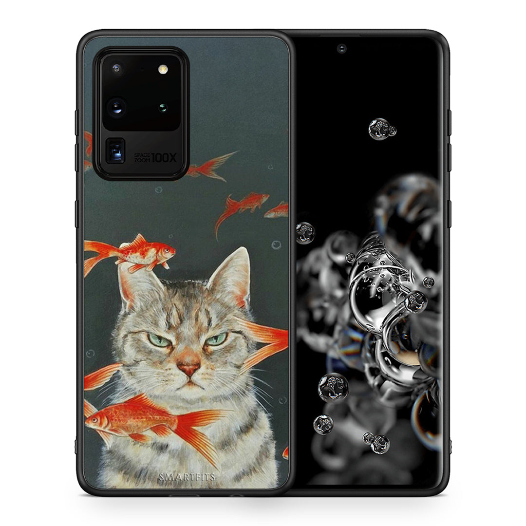 Θήκη Samsung S20 Ultra Cat Goldfish από τη Smartfits με σχέδιο στο πίσω μέρος και μαύρο περίβλημα | Samsung S20 Ultra Cat Goldfish case with colorful back and black bezels