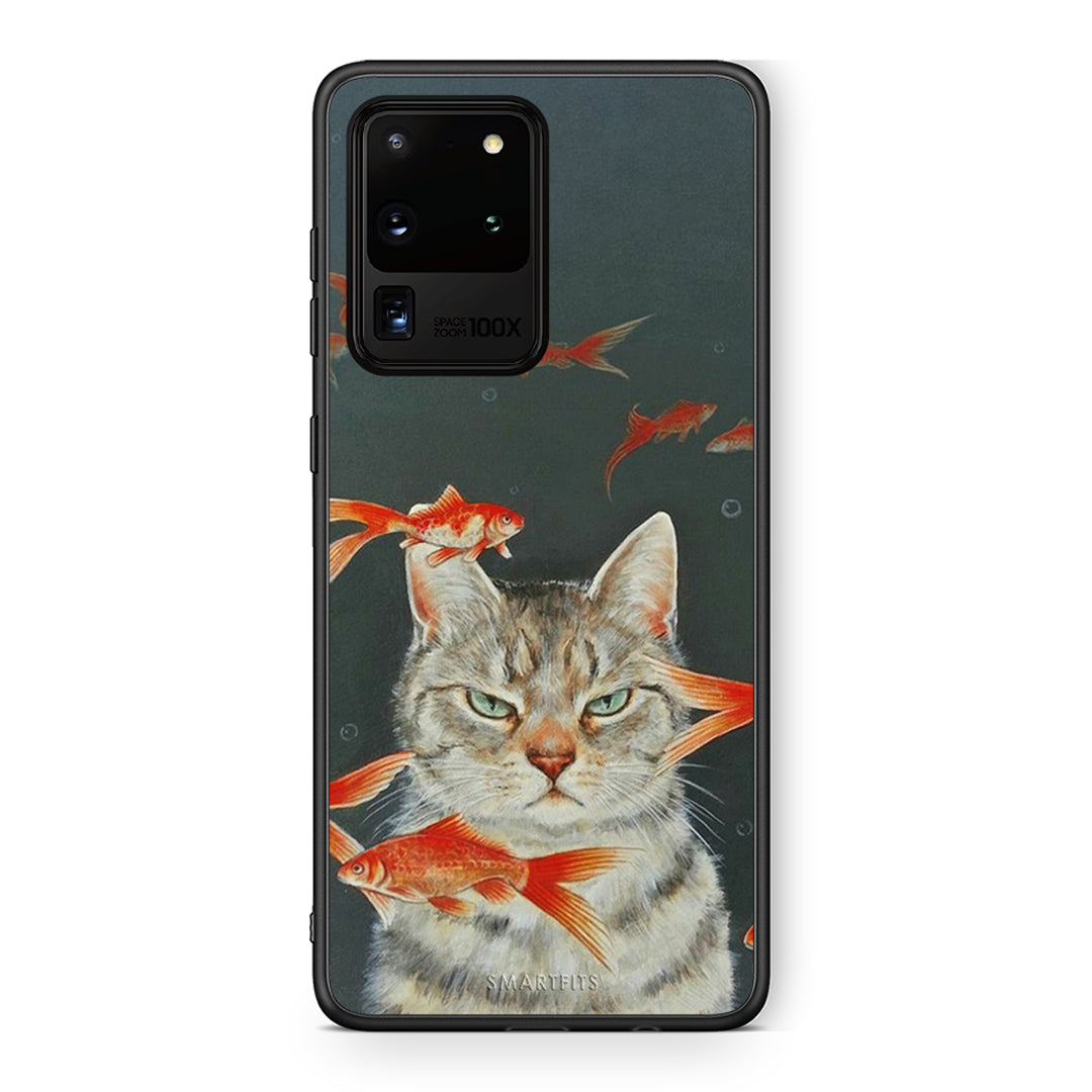 Samsung S20 Ultra Cat Goldfish θήκη από τη Smartfits με σχέδιο στο πίσω μέρος και μαύρο περίβλημα | Smartphone case with colorful back and black bezels by Smartfits