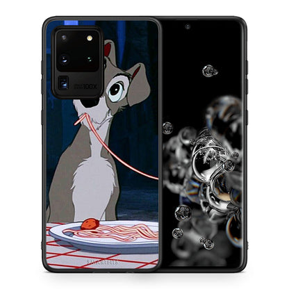 Θήκη Αγίου Βαλεντίνου Samsung S20 Ultra Lady And Tramp 1 από τη Smartfits με σχέδιο στο πίσω μέρος και μαύρο περίβλημα | Samsung S20 Ultra Lady And Tramp 1 case with colorful back and black bezels
