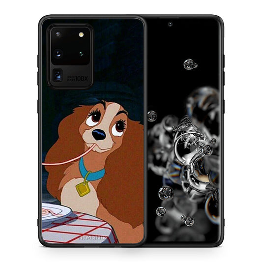 Θήκη Αγίου Βαλεντίνου Samsung S20 Ultra Lady And Tramp 2 από τη Smartfits με σχέδιο στο πίσω μέρος και μαύρο περίβλημα | Samsung S20 Ultra Lady And Tramp 2 case with colorful back and black bezels