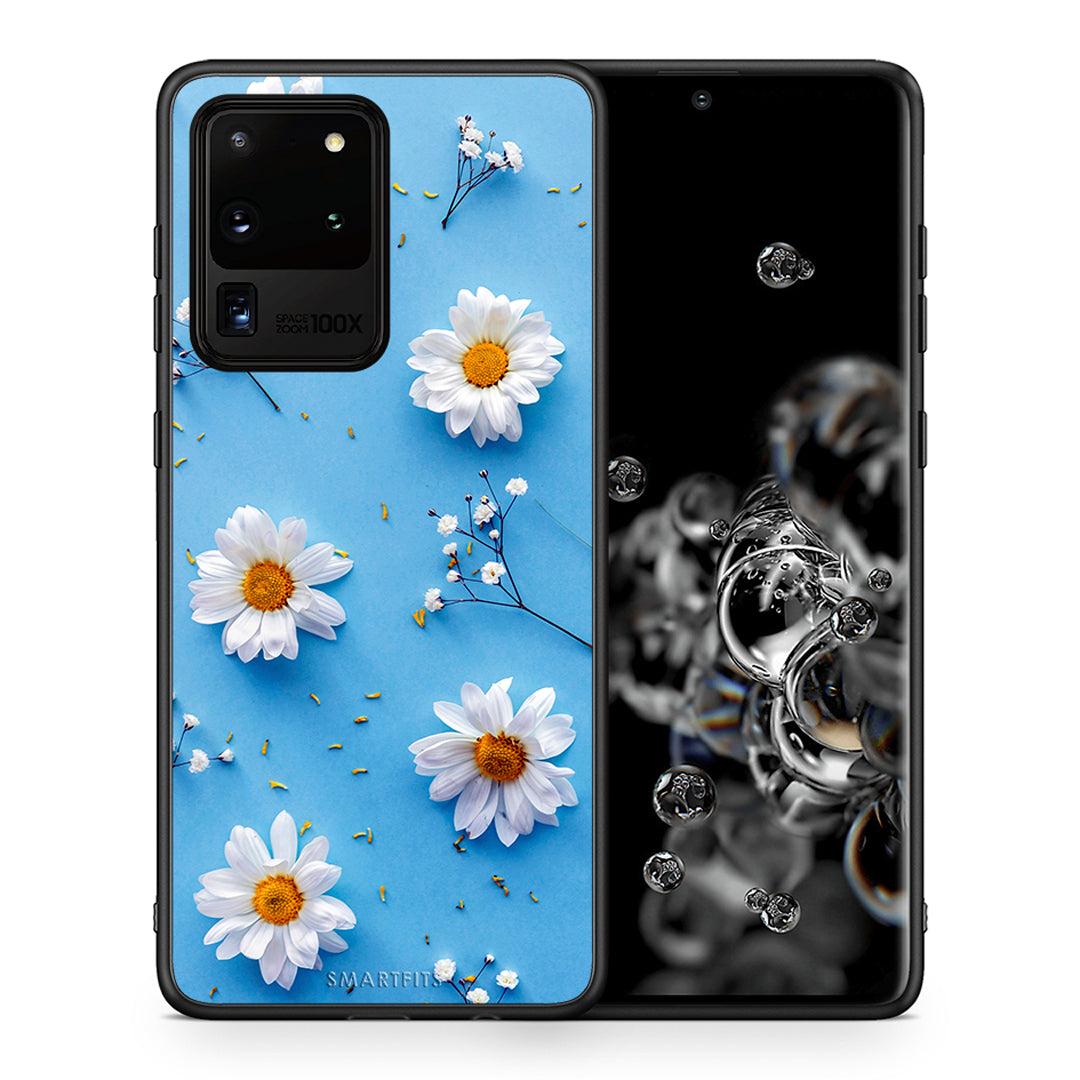 Θήκη Samsung S20 Ultra Real Daisies από τη Smartfits με σχέδιο στο πίσω μέρος και μαύρο περίβλημα | Samsung S20 Ultra Real Daisies case with colorful back and black bezels