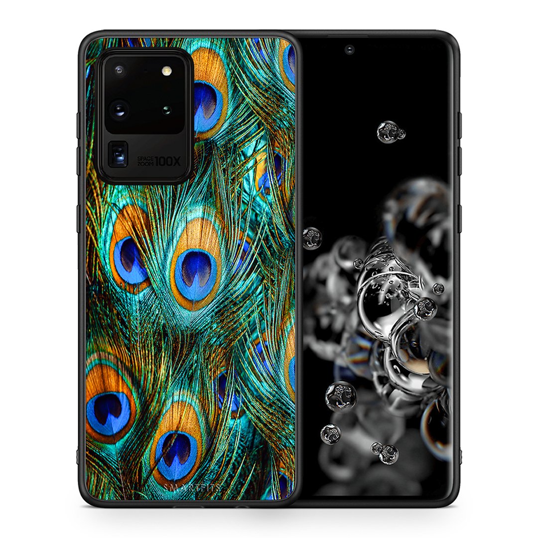 Θήκη Samsung S20 Ultra Real Peacock Feathers από τη Smartfits με σχέδιο στο πίσω μέρος και μαύρο περίβλημα | Samsung S20 Ultra Real Peacock Feathers case with colorful back and black bezels