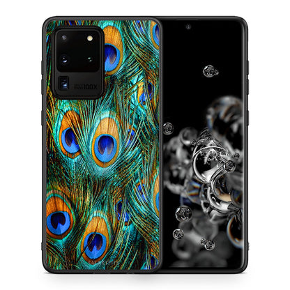 Θήκη Samsung S20 Ultra Real Peacock Feathers από τη Smartfits με σχέδιο στο πίσω μέρος και μαύρο περίβλημα | Samsung S20 Ultra Real Peacock Feathers case with colorful back and black bezels