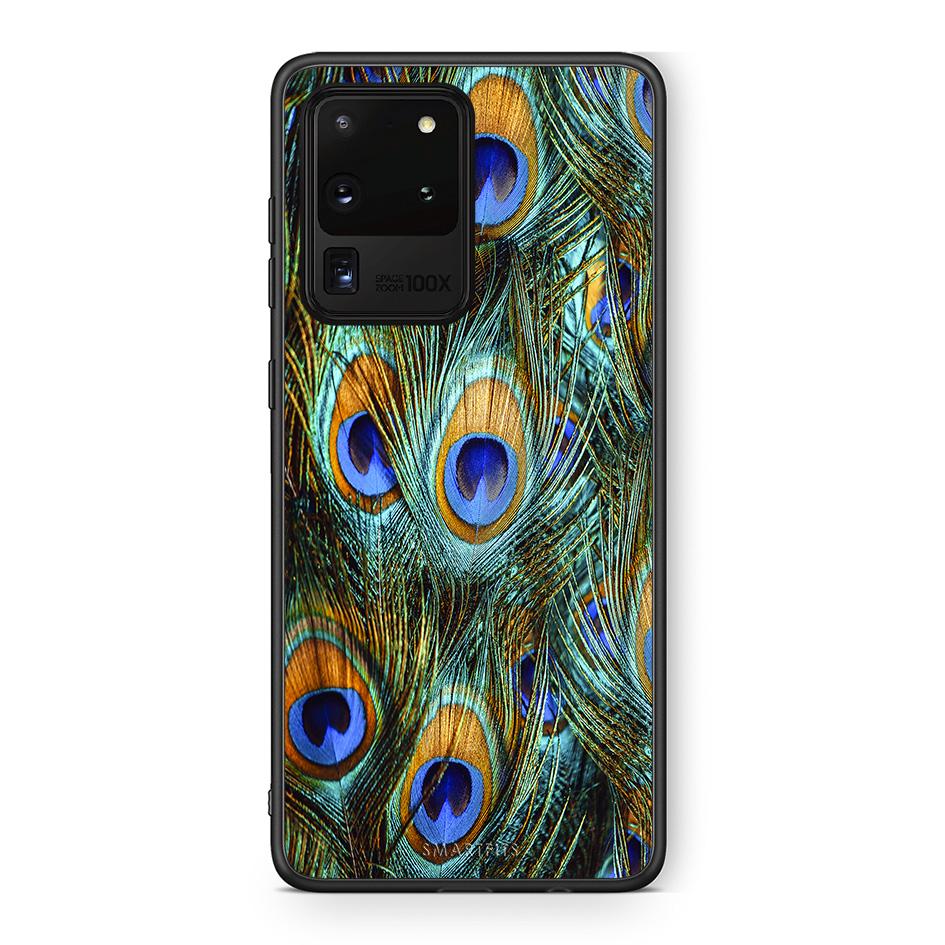 Samsung S20 Ultra Real Peacock Feathers θήκη από τη Smartfits με σχέδιο στο πίσω μέρος και μαύρο περίβλημα | Smartphone case with colorful back and black bezels by Smartfits