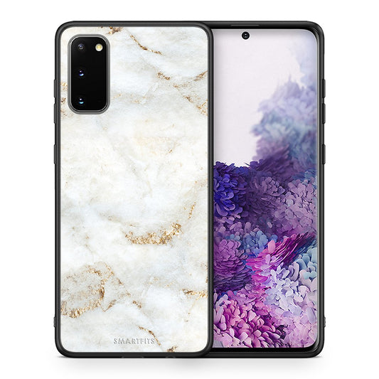 Θήκη Samsung S20 White Gold Marble από τη Smartfits με σχέδιο στο πίσω μέρος και μαύρο περίβλημα | Samsung S20 White Gold Marble case with colorful back and black bezels