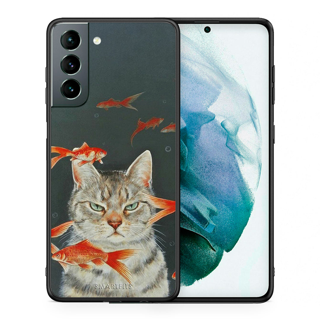 Θήκη Samsung S21 Cat Goldfish από τη Smartfits με σχέδιο στο πίσω μέρος και μαύρο περίβλημα | Samsung S21 Cat Goldfish case with colorful back and black bezels