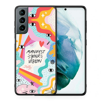 Θήκη Samsung S21 Manifest Your Vision από τη Smartfits με σχέδιο στο πίσω μέρος και μαύρο περίβλημα | Samsung S21 Manifest Your Vision case with colorful back and black bezels