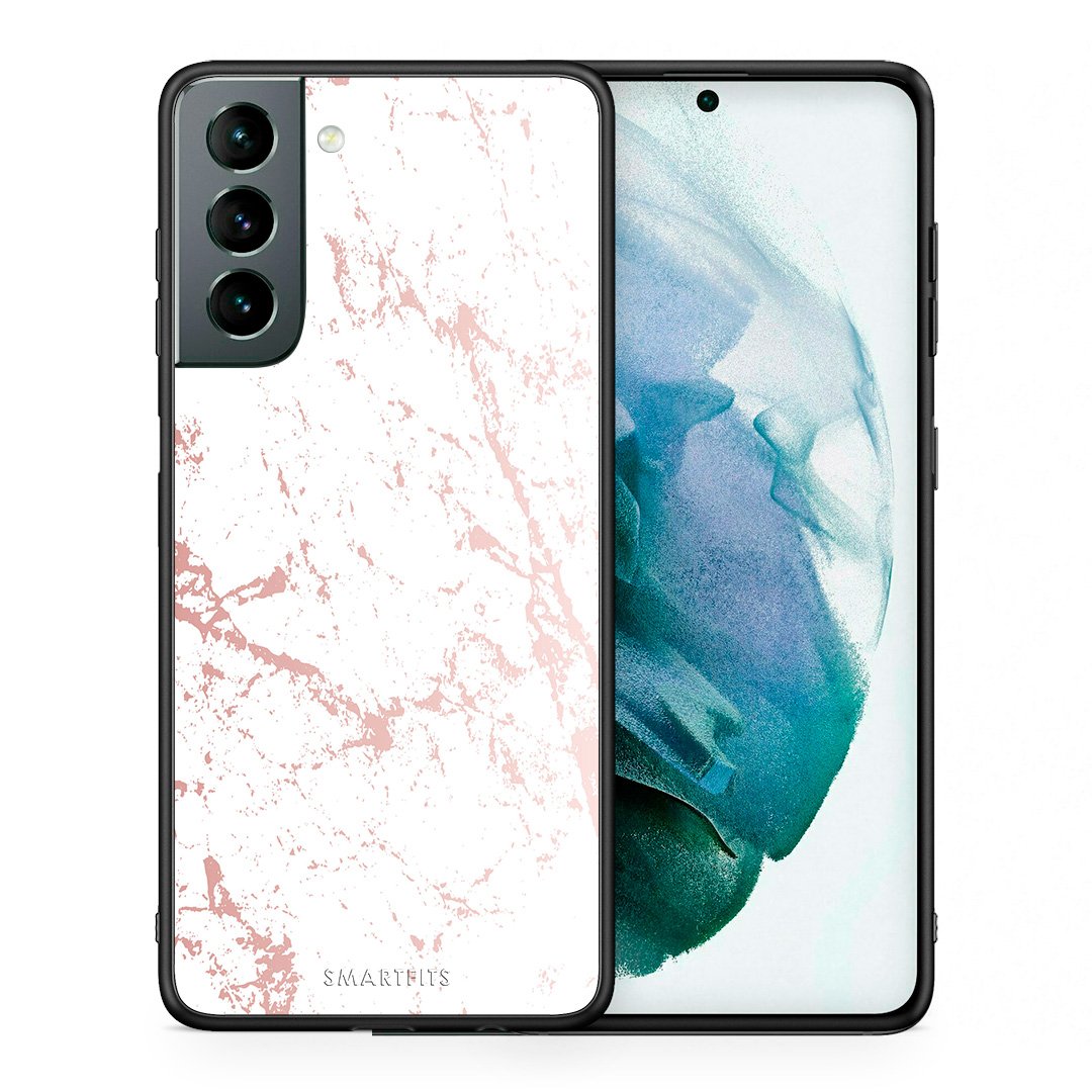 Θήκη Samsung S21 Pink Splash Marble από τη Smartfits με σχέδιο στο πίσω μέρος και μαύρο περίβλημα | Samsung S21 Pink Splash Marble case with colorful back and black bezels