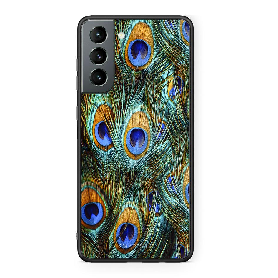 Samsung S21 Real Peacock Feathers θήκη από τη Smartfits με σχέδιο στο πίσω μέρος και μαύρο περίβλημα | Smartphone case with colorful back and black bezels by Smartfits