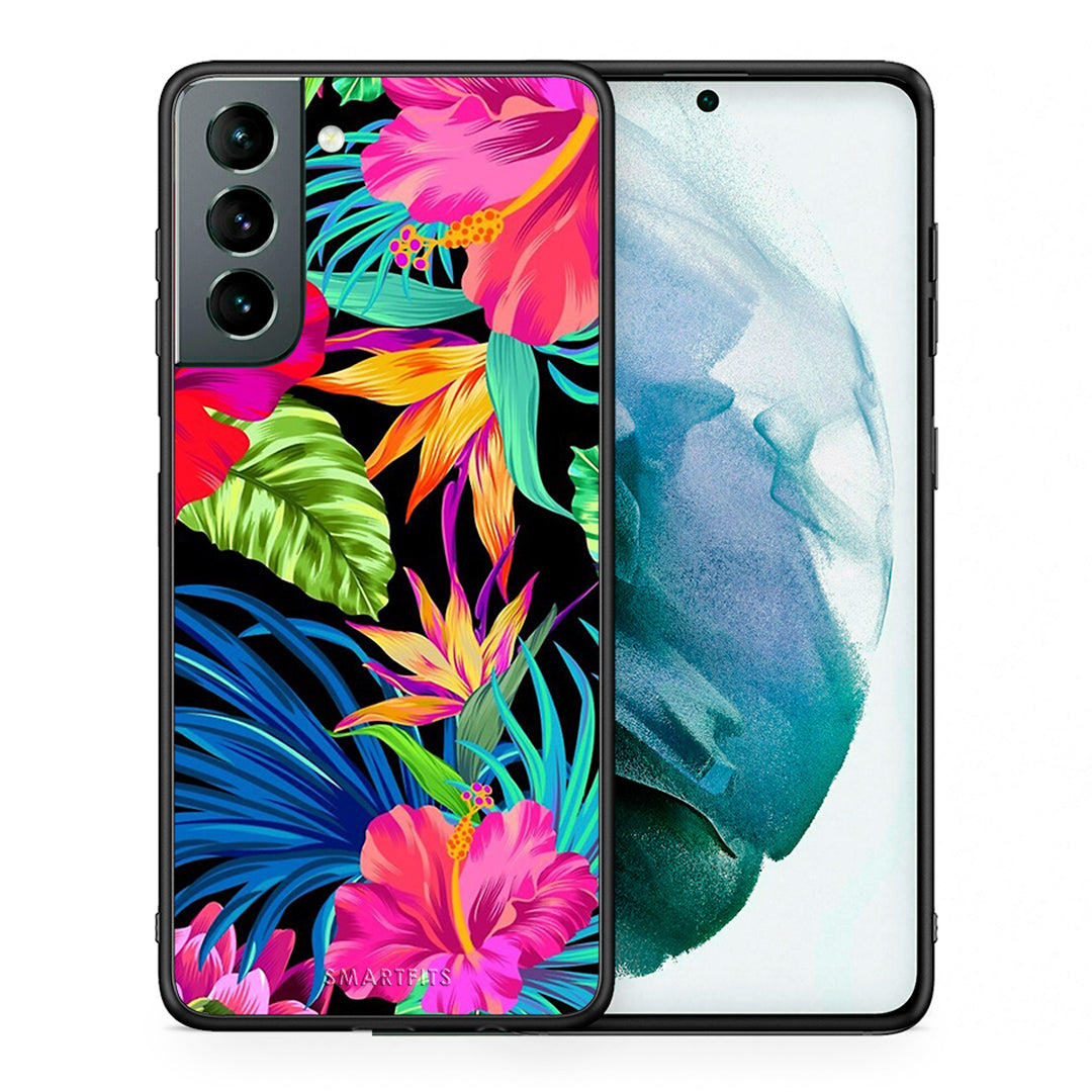 Θήκη Samsung S21 Tropical Flowers από τη Smartfits με σχέδιο στο πίσω μέρος και μαύρο περίβλημα | Samsung S21 Tropical Flowers case with colorful back and black bezels