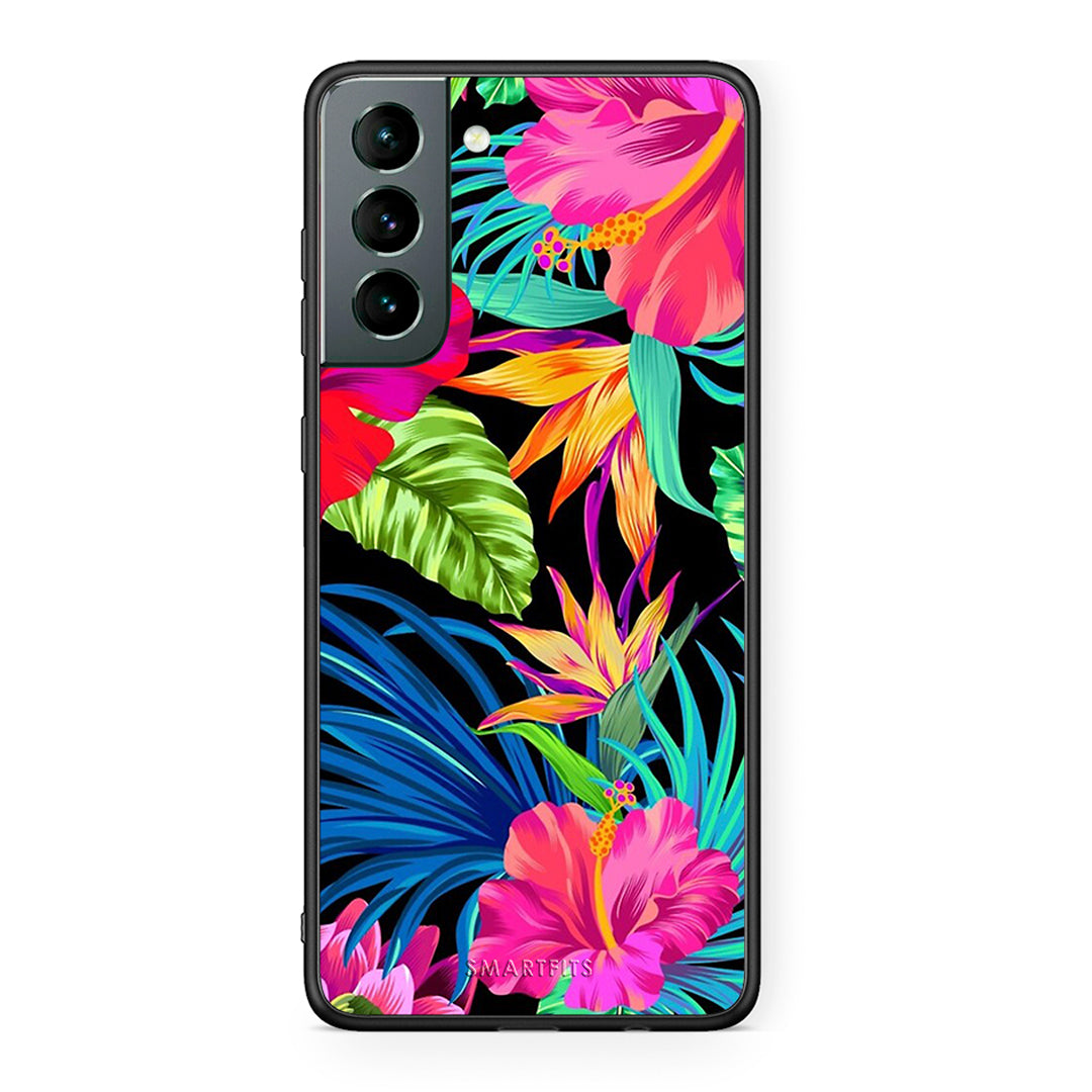 Samsung S21 Tropical Flowers θήκη από τη Smartfits με σχέδιο στο πίσω μέρος και μαύρο περίβλημα | Smartphone case with colorful back and black bezels by Smartfits