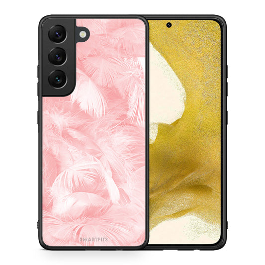 Θήκη Samsung S22 Pink Feather Boho από τη Smartfits με σχέδιο στο πίσω μέρος και μαύρο περίβλημα | Samsung S22 Pink Feather Boho case with colorful back and black bezels