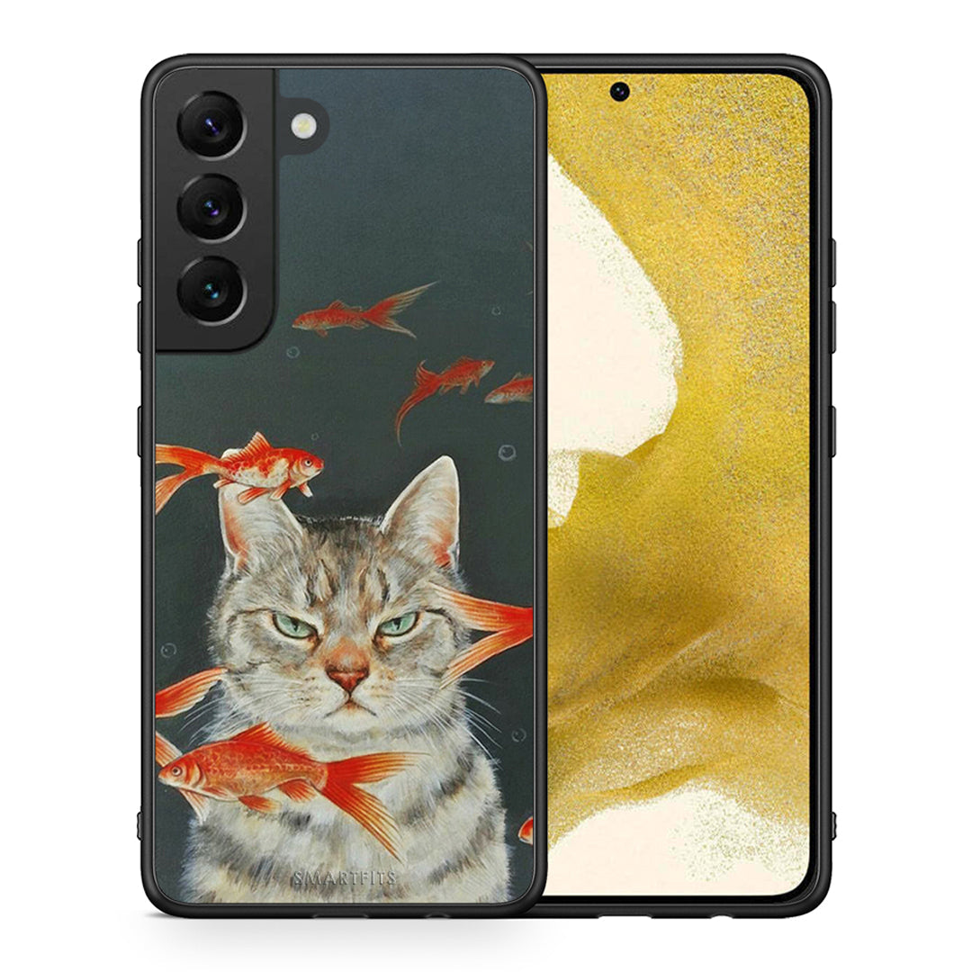 Θήκη Samsung S22 Cat Goldfish από τη Smartfits με σχέδιο στο πίσω μέρος και μαύρο περίβλημα | Samsung S22 Cat Goldfish case with colorful back and black bezels
