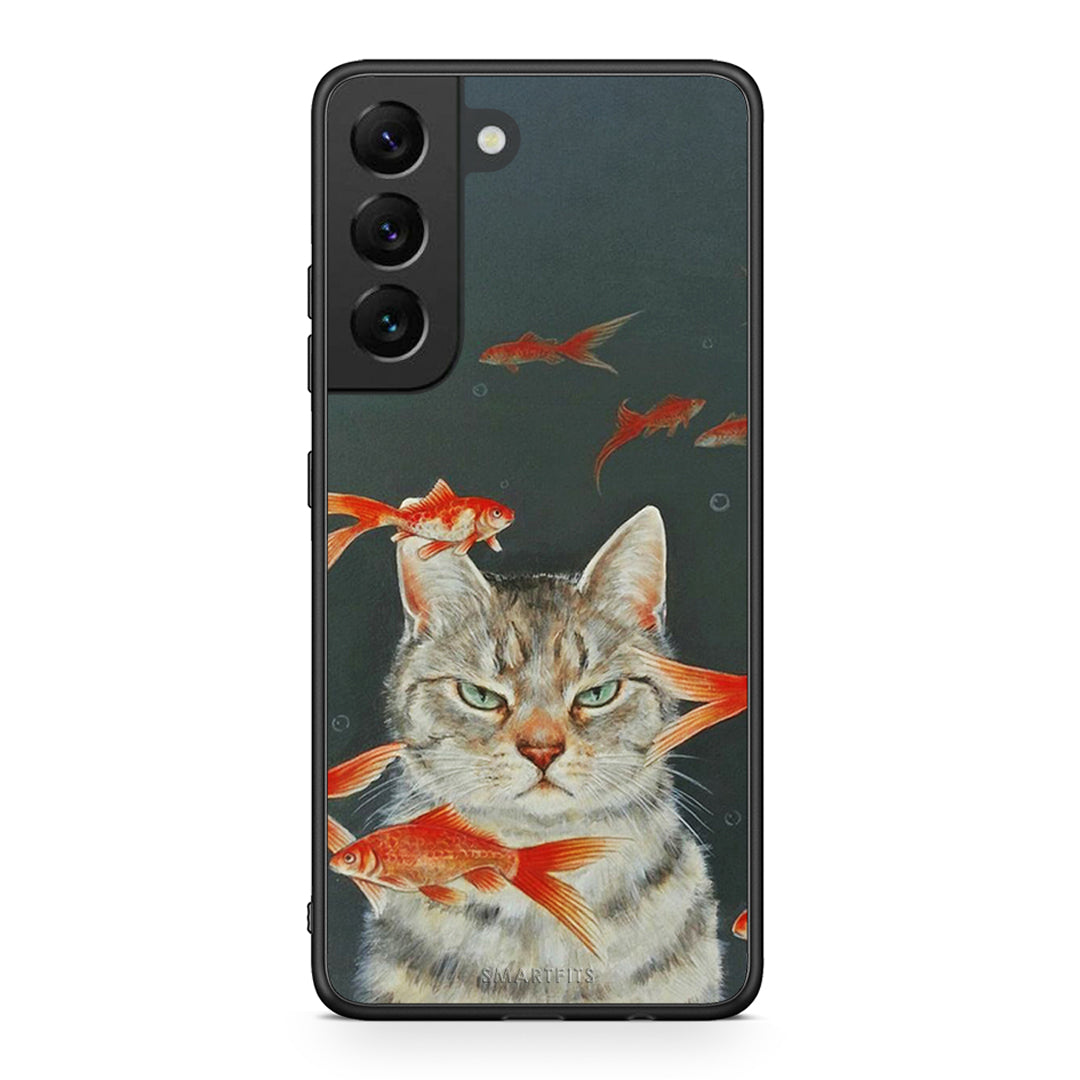 Samsung S22 Cat Goldfish θήκη από τη Smartfits με σχέδιο στο πίσω μέρος και μαύρο περίβλημα | Smartphone case with colorful back and black bezels by Smartfits