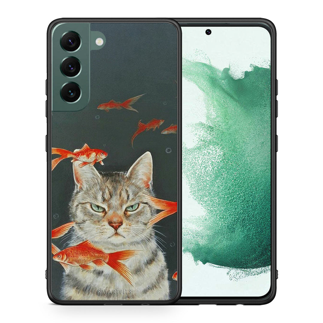 Θήκη Samsung S22 Plus Cat Goldfish από τη Smartfits με σχέδιο στο πίσω μέρος και μαύρο περίβλημα | Samsung S22 Plus Cat Goldfish case with colorful back and black bezels