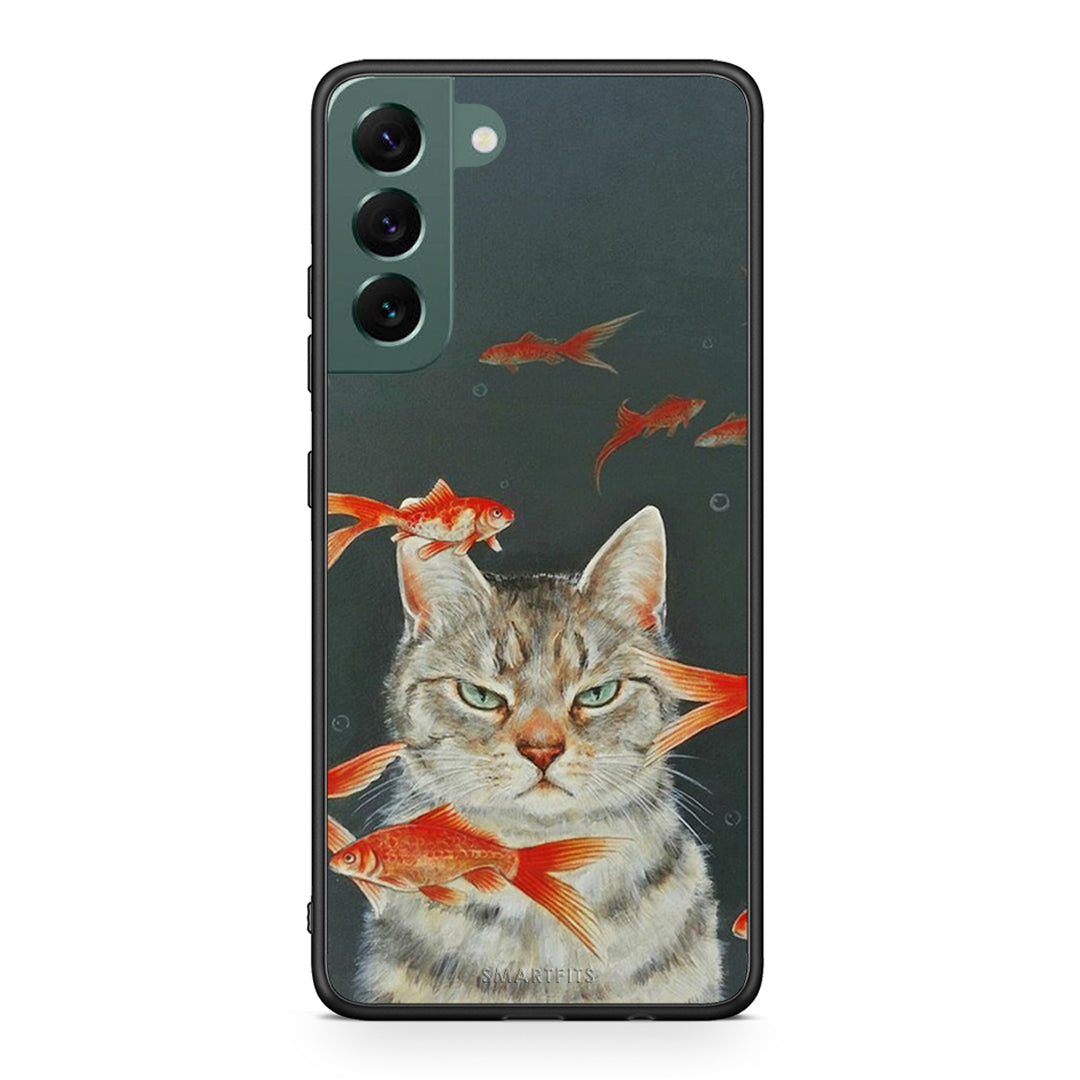 Samsung S22 Plus Cat Goldfish θήκη από τη Smartfits με σχέδιο στο πίσω μέρος και μαύρο περίβλημα | Smartphone case with colorful back and black bezels by Smartfits