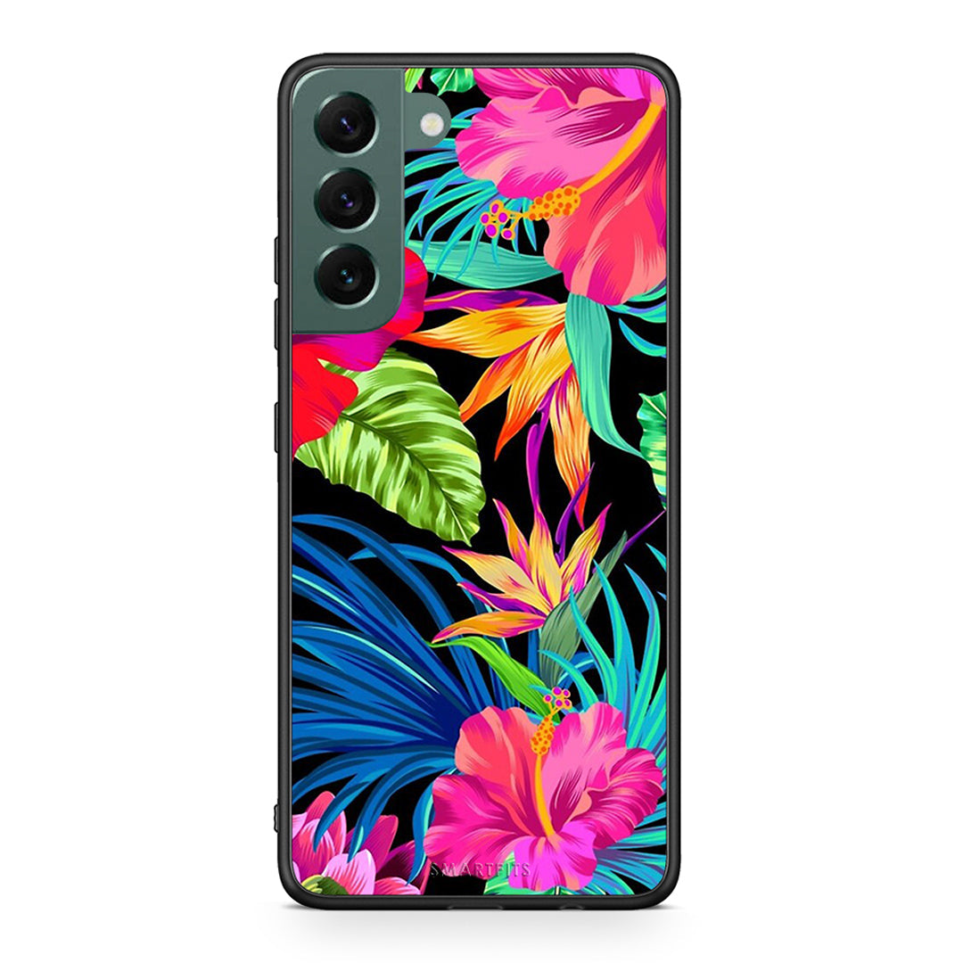 Samsung S22 Plus Tropical Flowers θήκη από τη Smartfits με σχέδιο στο πίσω μέρος και μαύρο περίβλημα | Smartphone case with colorful back and black bezels by Smartfits