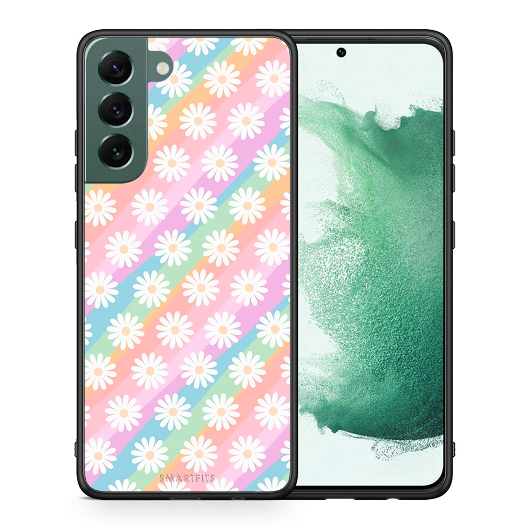 Θήκη Samsung S22 Plus White Daisies από τη Smartfits με σχέδιο στο πίσω μέρος και μαύρο περίβλημα | Samsung S22 Plus White Daisies case with colorful back and black bezels