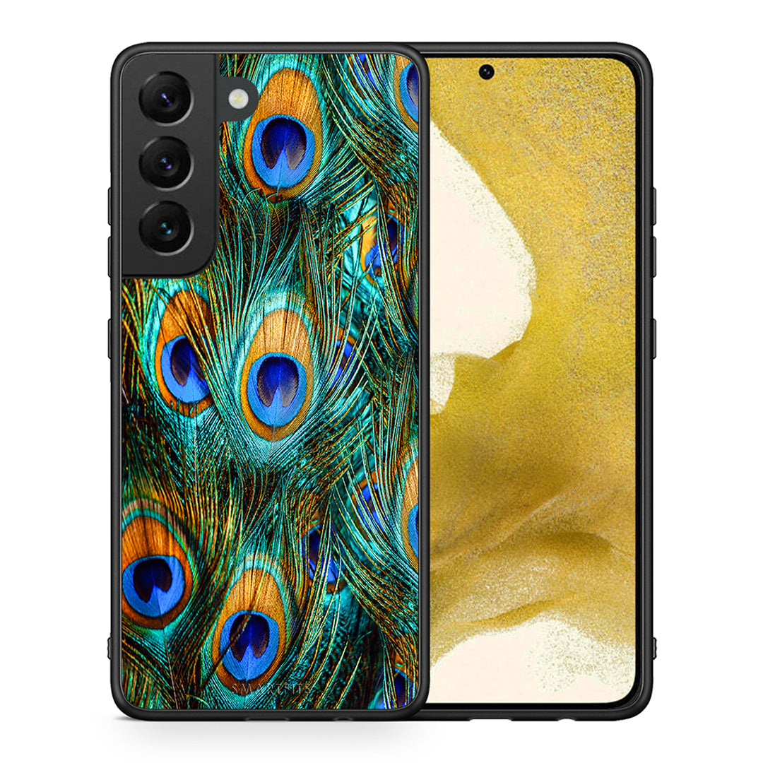 Θήκη Samsung S22 Real Peacock Feathers από τη Smartfits με σχέδιο στο πίσω μέρος και μαύρο περίβλημα | Samsung S22 Real Peacock Feathers case with colorful back and black bezels