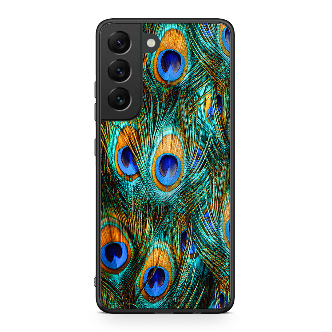 Samsung S22 Real Peacock Feathers θήκη από τη Smartfits με σχέδιο στο πίσω μέρος και μαύρο περίβλημα | Smartphone case with colorful back and black bezels by Smartfits
