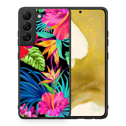 Θήκη Samsung S22 Tropical Flowers από τη Smartfits με σχέδιο στο πίσω μέρος και μαύρο περίβλημα | Samsung S22 Tropical Flowers case with colorful back and black bezels