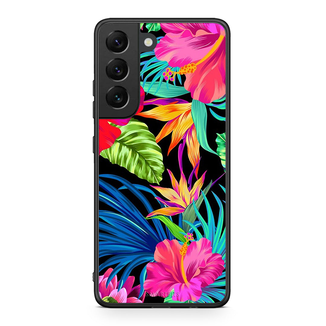 Samsung S22 Tropical Flowers θήκη από τη Smartfits με σχέδιο στο πίσω μέρος και μαύρο περίβλημα | Smartphone case with colorful back and black bezels by Smartfits