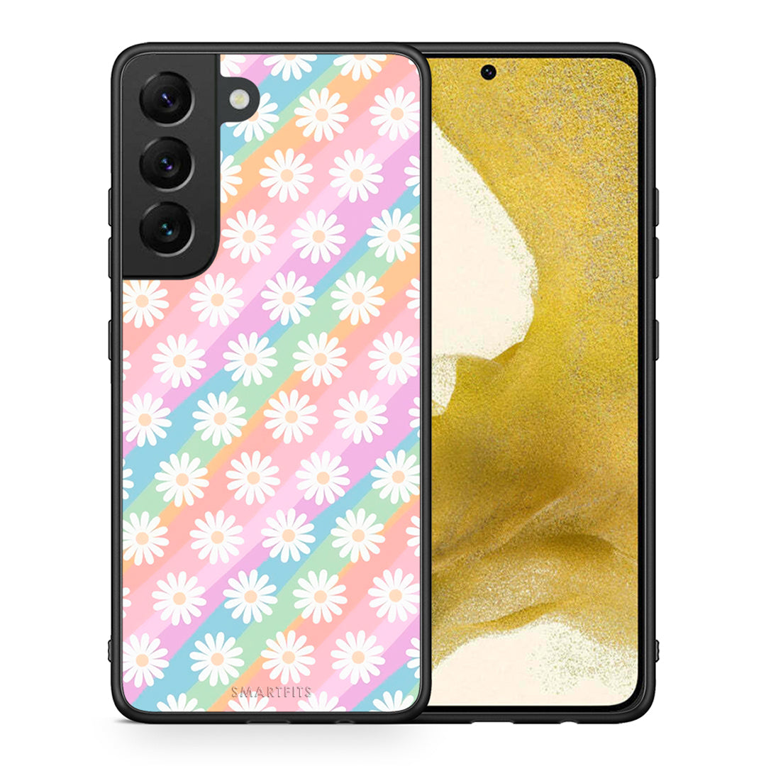 Θήκη Samsung S22 White Daisies από τη Smartfits με σχέδιο στο πίσω μέρος και μαύρο περίβλημα | Samsung S22 White Daisies case with colorful back and black bezels