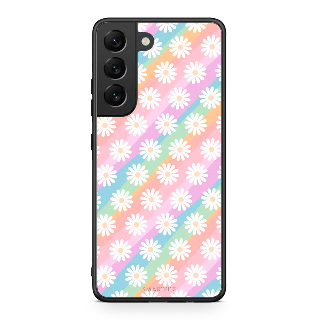 Samsung S22 White Daisies θήκη από τη Smartfits με σχέδιο στο πίσω μέρος και μαύρο περίβλημα | Smartphone case with colorful back and black bezels by Smartfits