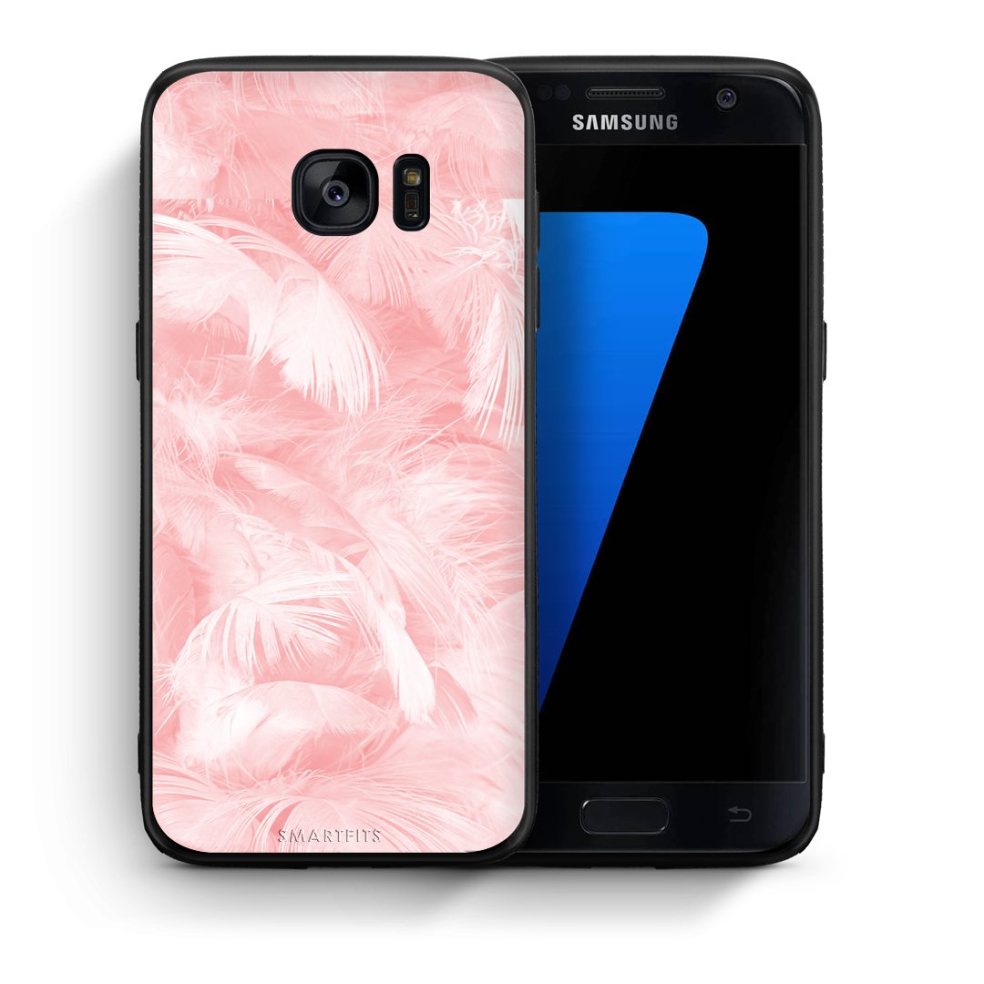 Θήκη Samsung S7 Pink Feather Boho από τη Smartfits με σχέδιο στο πίσω μέρος και μαύρο περίβλημα | Samsung S7 Pink Feather Boho case with colorful back and black bezels