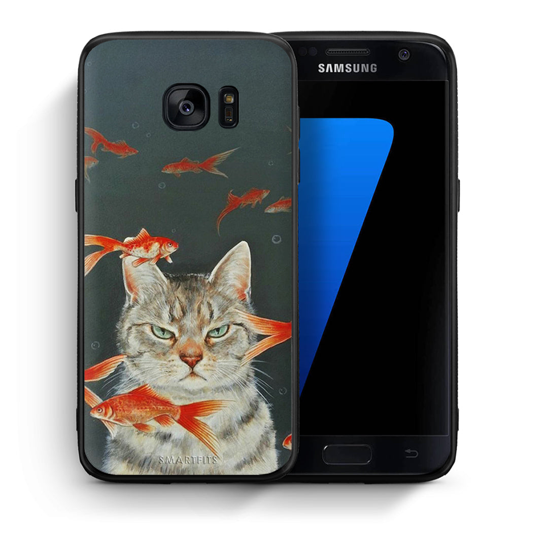 Θήκη Samsung S7 Cat Goldfish από τη Smartfits με σχέδιο στο πίσω μέρος και μαύρο περίβλημα | Samsung S7 Cat Goldfish case with colorful back and black bezels