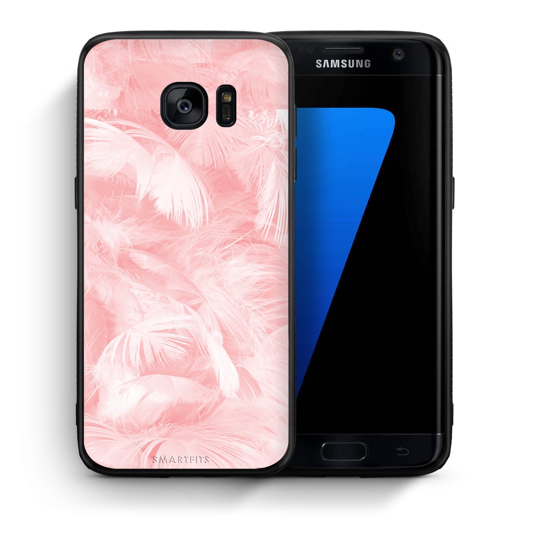 Θήκη Samsung S7 Edge Pink Feather Boho από τη Smartfits με σχέδιο στο πίσω μέρος και μαύρο περίβλημα | Samsung S7 Edge Pink Feather Boho case with colorful back and black bezels