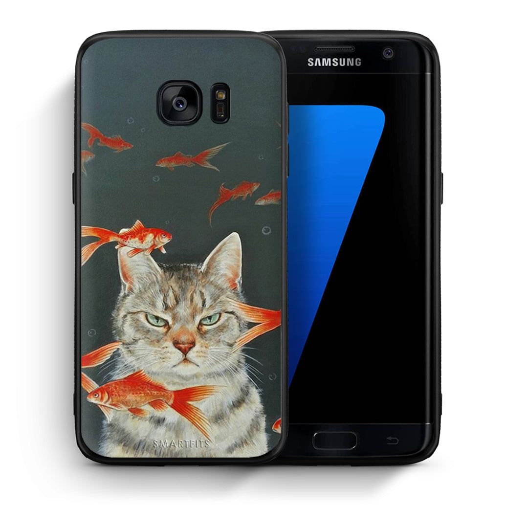 Θήκη Samsung S7 Edge Cat Goldfish από τη Smartfits με σχέδιο στο πίσω μέρος και μαύρο περίβλημα | Samsung S7 Edge Cat Goldfish case with colorful back and black bezels