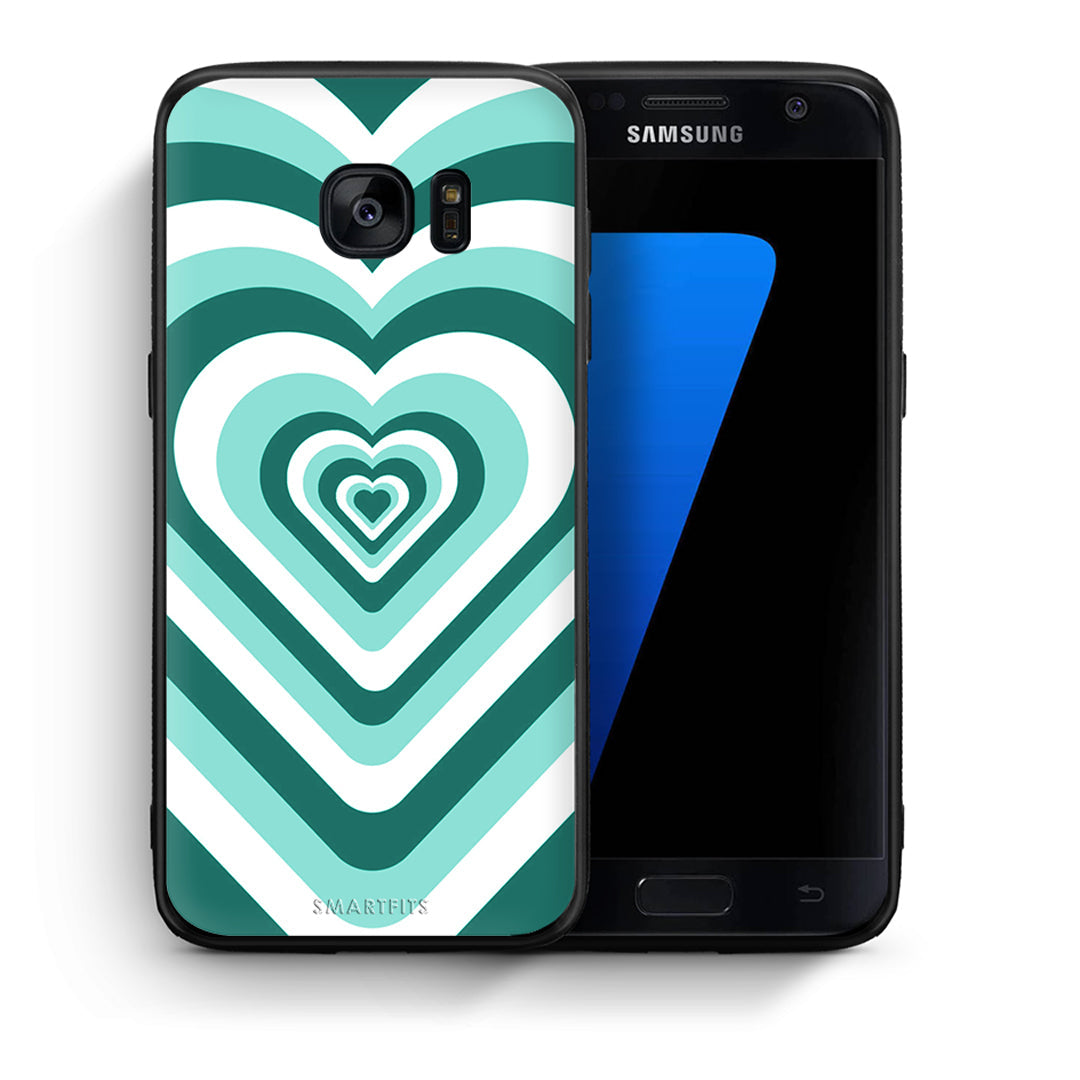 Θήκη Samsung S7 Green Hearts από τη Smartfits με σχέδιο στο πίσω μέρος και μαύρο περίβλημα | Samsung S7 Green Hearts case with colorful back and black bezels
