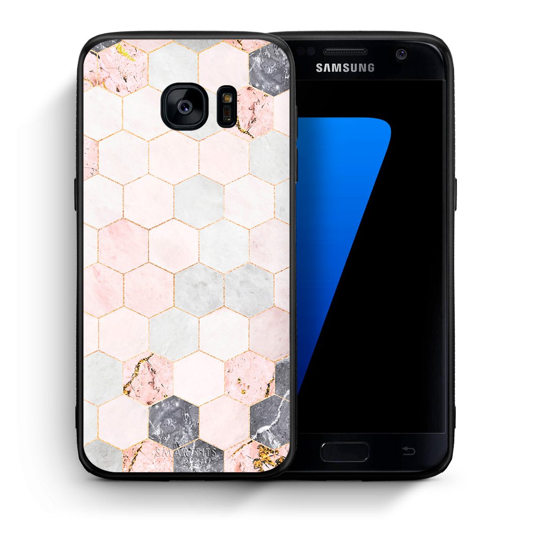 Θήκη Samsung S7 Hexagon Pink Marble από τη Smartfits με σχέδιο στο πίσω μέρος και μαύρο περίβλημα | Samsung S7 Hexagon Pink Marble case with colorful back and black bezels