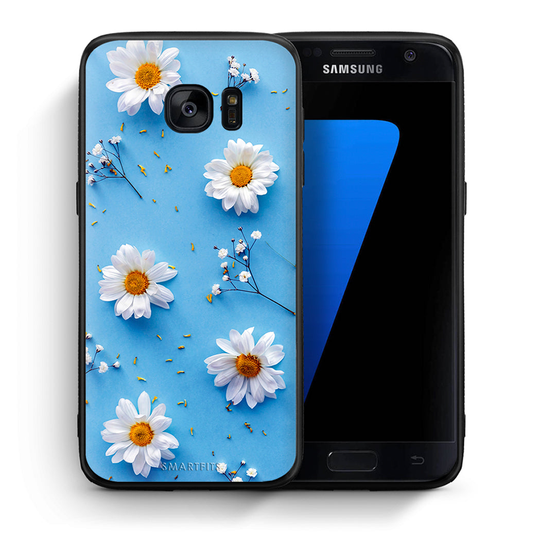 Θήκη Samsung S7 Real Daisies από τη Smartfits με σχέδιο στο πίσω μέρος και μαύρο περίβλημα | Samsung S7 Real Daisies case with colorful back and black bezels
