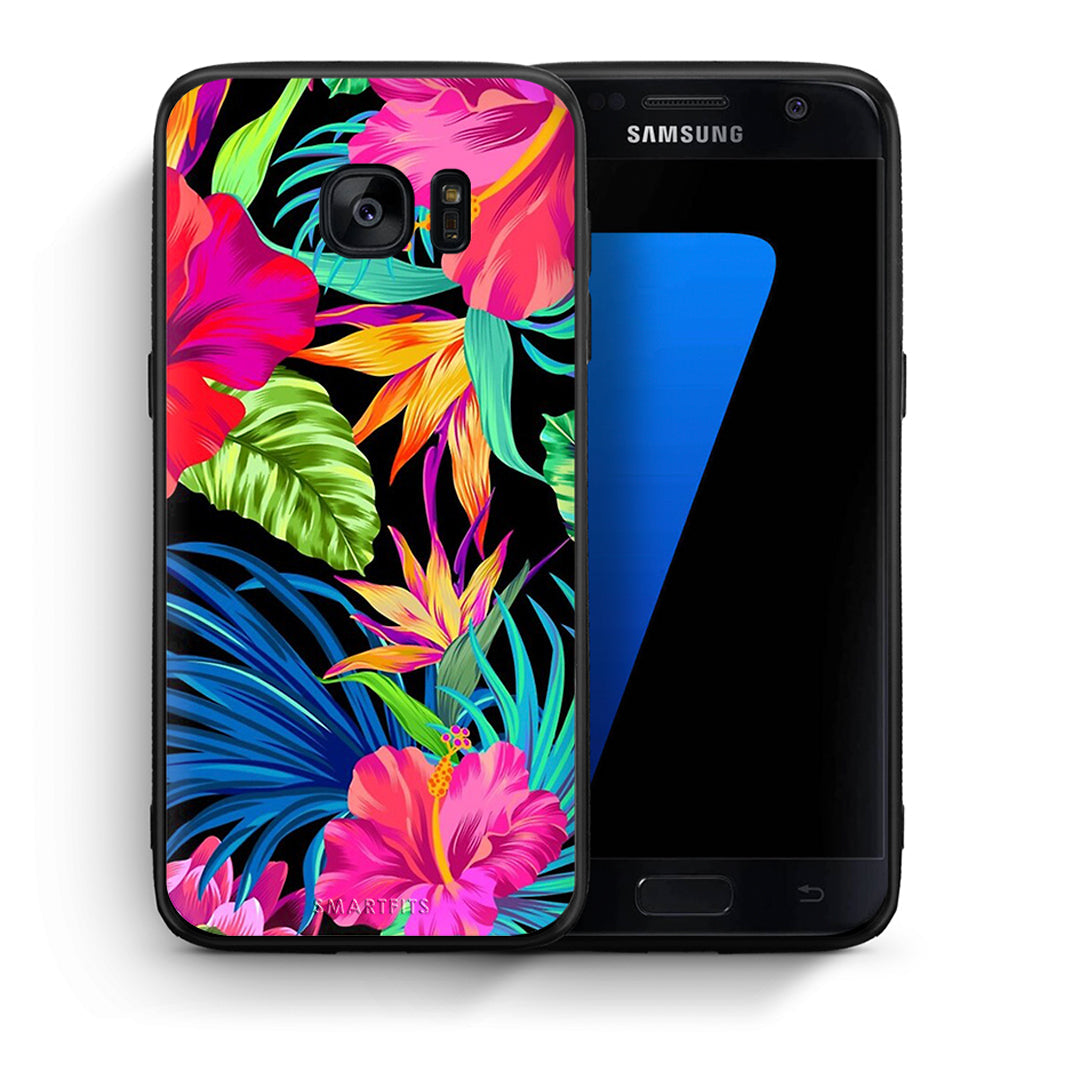 Θήκη Samsung S7 Tropical Flowers από τη Smartfits με σχέδιο στο πίσω μέρος και μαύρο περίβλημα | Samsung S7 Tropical Flowers case with colorful back and black bezels